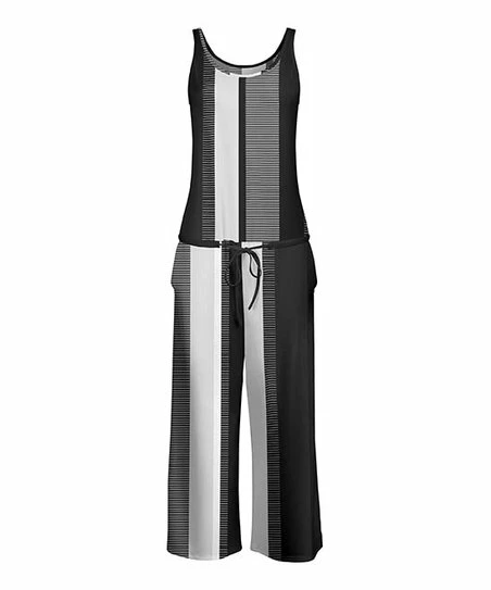 Lily | Black & White Stripe Contrast Tie-Waist Sleeveless Jumpsuit - Women 1 Lily | Black & White Stripe Contrast Tie-Waist Sleeveless Jumpsuit - Women