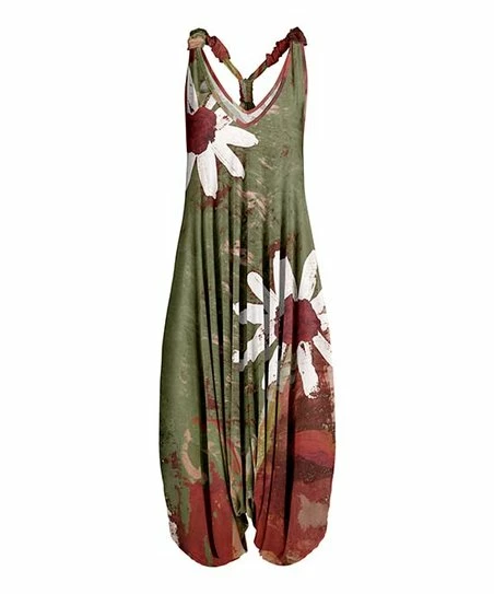 Lily | Olive & Brown Floral Racerback Harem Jumpsuit - Women 1 Lily | Olive & Brown Floral Racerback Harem Jumpsuit - Women