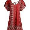Lily | Red & White Bandanna-Print V-Neck Flutter-Sleeve Tie-Back Tunic - Women