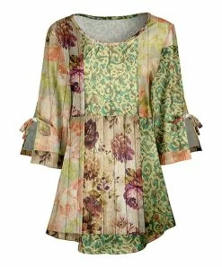 Lily | Green & Beige Floral Patchwork Tie-Sleeve Scoop Neck Tunic - Plus