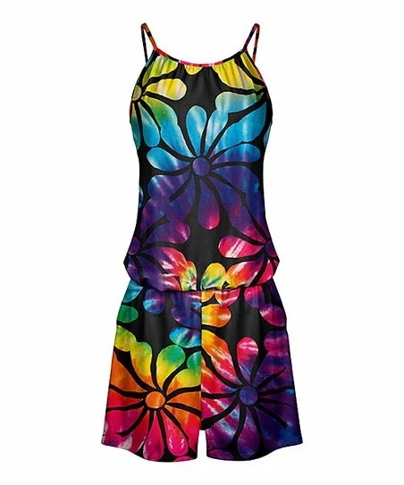 Lily | Purple & Aqua Tie-Dye Floral Thin-Strap Sleeveless Romper - Women 1 Lily | Purple & Aqua Tie-Dye Floral Thin-Strap Sleeveless Romper - Women