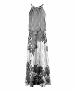 Lily | Gray & White Polka Dot & Floral Blouson Maxi Dress - Women & Plus