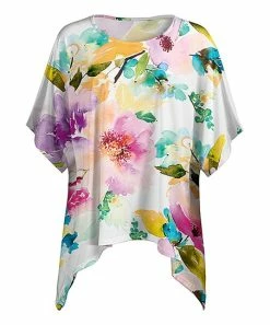 Lily | White & Pink Floral Cape-Sleeve Sidetail Tunic - Plus