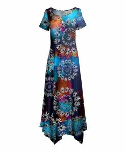 Lily | Blue & Orange Daisy Tie-Dye Short-Sleeve Handkerchief Maxi Dress - Women & Plus