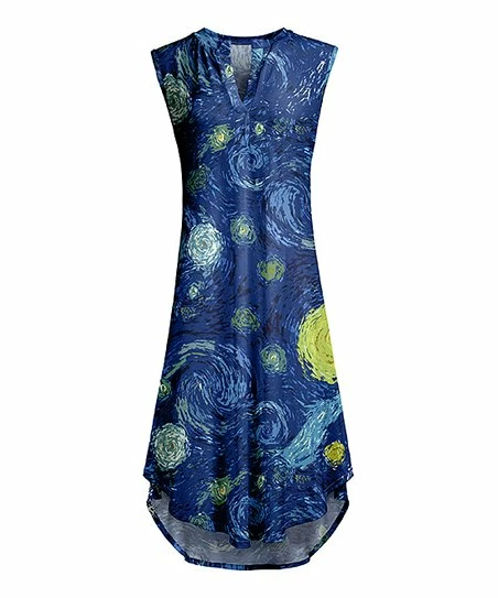 Lily | Blue & Yellow Starry Night Sleeveless V-Neck Dress - Women 1 Lily | Blue & Yellow Starry Night Sleeveless V-Neck Dress - Women