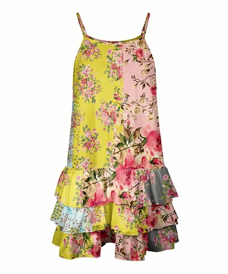 Lily | Yellow & Pink Floral Ruffle-Hem Sleeveless Tunic - Plus 1 Lily | Yellow & Pink Floral Ruffle-Hem Sleeveless Tunic - Plus