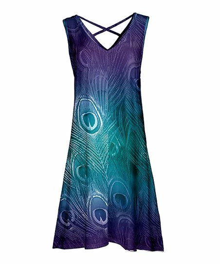 Lily | Blue & Purple Peacock Crisscross-Back Sleeveless Dress - Women & Plus 1 Lily | Blue & Purple Peacock Crisscross-Back Sleeveless Dress - Women & Plus