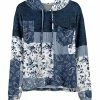 Lily | Blue & White Floral Patchwork Chest-Pocket Hoodie - Women & Plus