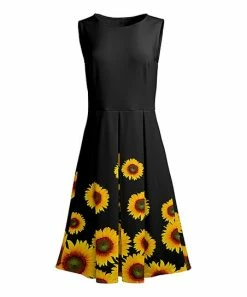 Lily | Black & Yellow Sunflowers Sleeveless Fit & Flare Dress - Women & Plus