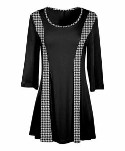 Lily | Black & White Houndstooth Three-Quarter Sleeve Pleated Tunic - Women