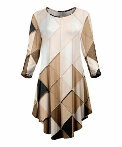 Lily | Beige & Black Geometric Three-Quarter Sleeve Curved-Hem Dress - Plus