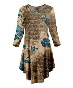 Lily | Blue & Brown Floral Writing Three-Quarter Sleeve Curved-Hem Dress - Plus