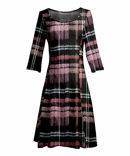 Lily | Pink & Black Plaid Three-Quarter Sleeve A-Line Dress - Women & Plus 1 Lily | Pink & Black Plaid Three-Quarter Sleeve A-Line Dress - Women & Plus