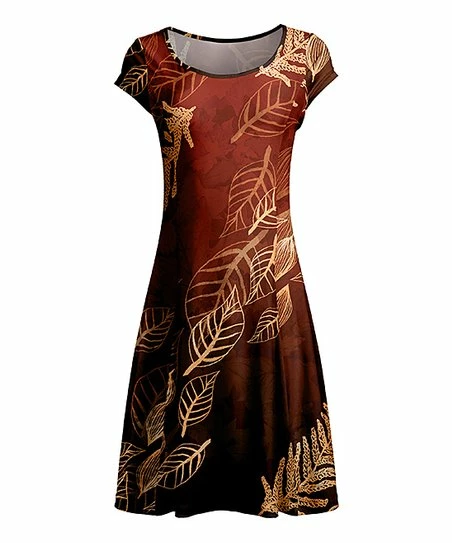 Lily | Rust & Brown Leaf Cap-Sleeve Dress - Plus 1 Lily | Rust & Brown Leaf Cap-Sleeve Dress - Plus