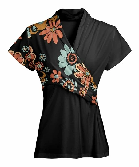 Lily | Black & Rust Floral Short-Sleeve Wrap-Front Tunic - Women 1 Lily | Black & Rust Floral Short-Sleeve Wrap-Front Tunic - Women