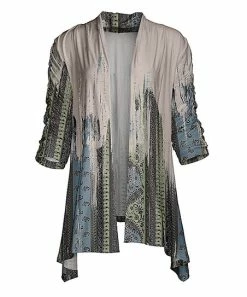 Lily | Beige & Blue Floral Geometric Sidetail Open Cardigan - Plus