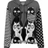 Lily | Black & Gray Stripe Polka Dot Cat Chest-Pocket Hoodie - Women & Plus