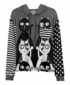 Lily | Black & Gray Stripe Polka Dot Cat Chest-Pocket Hoodie - Women & Plus
