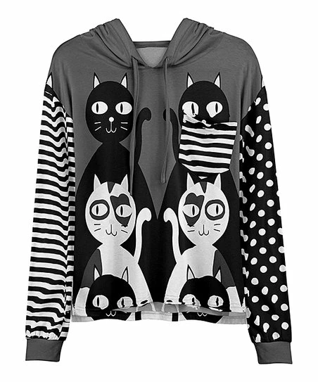 Lily | Black & Gray Stripe Polka Dot Cat Chest-Pocket Hoodie - Women & Plus 1 Lily | Black & Gray Stripe Polka Dot Cat Chest-Pocket Hoodie - Women & Plus