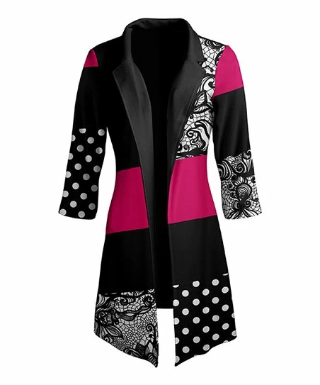 Lily | Black & Fuchsia Polka Dot & Floral Longline Blazer - Plus 1 Lily | Black & Fuchsia Polka Dot & Floral Longline Blazer - Plus
