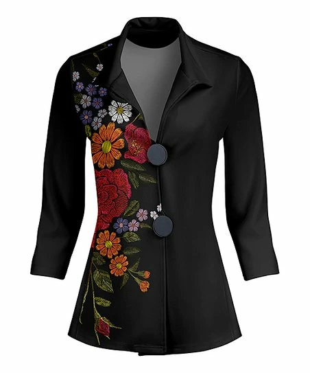 Lily | Black & Red Floral Oversize-Button Blazer - Plus 1 Lily | Black & Red Floral Oversize-Button Blazer - Plus