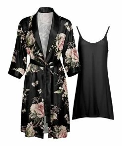 Lily | Black & Pink Floral Robe & Nightgown - Women