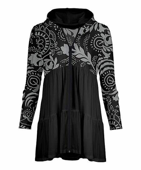 Lily | Black & Gray Geometric Tiered Zip-Up Hoodie - Women & Plus 1 Lily | Black & Gray Geometric Tiered Zip-Up Hoodie - Women & Plus