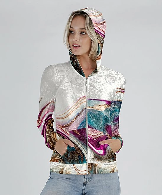 Lily | White & Pink Abstract Velvet Zip-Up Hoodie - Plus 2 Lily | White & Pink Abstract Velvet Zip-Up Hoodie - Plus - Image 2