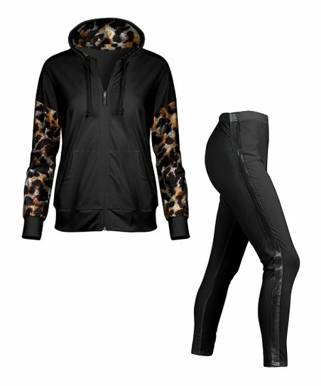 Lily | Tan Leopard Zip-Up Hoodie & Black Side-Stripe Leggings - Women & Plus 1 Lily | Tan Leopard Zip-Up Hoodie & Black Side-Stripe Leggings - Women & Plus