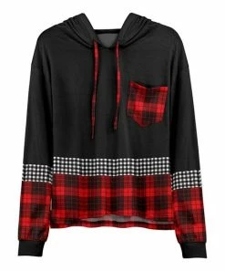 Lily | Black & Red Plaid-Stripe Patch Pocket Hoodie - Women & Plus