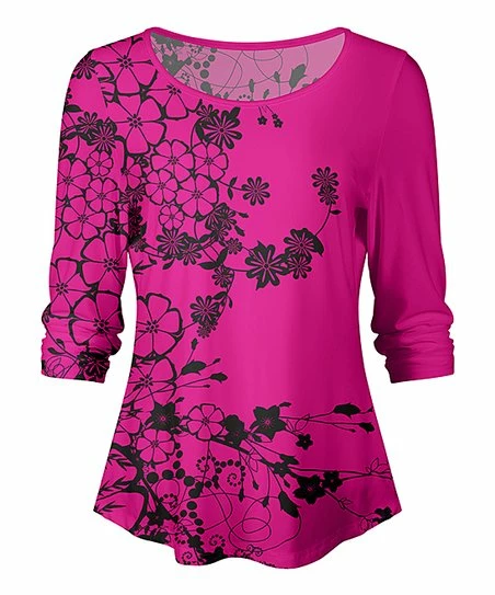 Lily | Pink & Black Floral Three-Quarter Sleeve Top - Women 1 Lily | Pink & Black Floral Three-Quarter Sleeve Top - Women