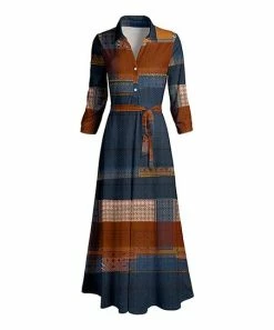 Lily | Navy & Brown Patchwork Tie-Waist Maxi Shirt Dress - Women