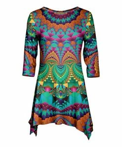 Lily | Turquoise Geometric Three-Quarter Sleeve Sidetail Tunic - Women