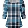 Lily | Blue & Navy Plaid Ruched Three-Quarter Sleeve Top - Women