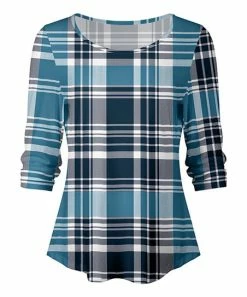 Lily | Blue & Navy Plaid Ruched Three-Quarter Sleeve Top - Women