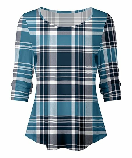 Lily | Blue & Navy Plaid Ruched Three-Quarter Sleeve Top - Women 1 Lily | Blue & Navy Plaid Ruched Three-Quarter Sleeve Top - Women