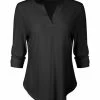 Lily | Black Notch Neck Three-Quarter Sleeve Top - Women