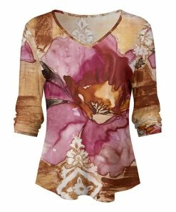 Lily | Brown & Pink Watercolor Floral V-Neck Top - Women