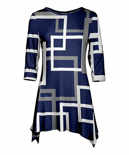 Lily | Navy & Gray Geometric Three-Quarter Sleeve Sidetail Tunic - Women & Plus 1 Lily | Navy & Gray Geometric Three-Quarter Sleeve Sidetail Tunic - Women & Plus