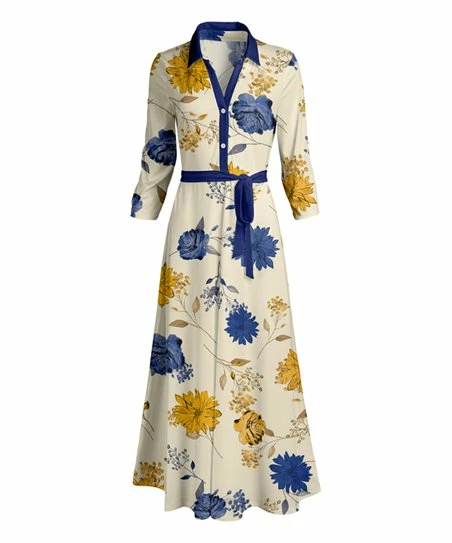 Lily | Blue & Yellow Floral Tie-Waist Maxi Shirt Dress - Women 1 Lily | Blue & Yellow Floral Tie-Waist Maxi Shirt Dress - Women