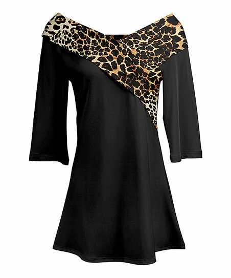 Lily | Black Leopard-Contrast Surplice-Wrap Tunic - Women & Plus 1 Lily | Black Leopard-Contrast Surplice-Wrap Tunic - Women & Plus