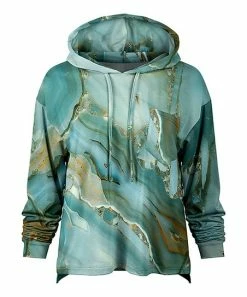 Lily | Turquoise & Gold Marble Lightweight Chest-Pocket Hoodie - Women & Plus