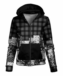 Lily | Black & Gray Plaid Floral Zip-Up Hoodie - Women
