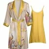 Lily | Yellow & Beige Birds Satin Robe & Yellow Camisole - Women