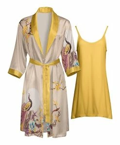 Lily | Yellow & Beige Birds Satin Robe & Yellow Camisole - Women