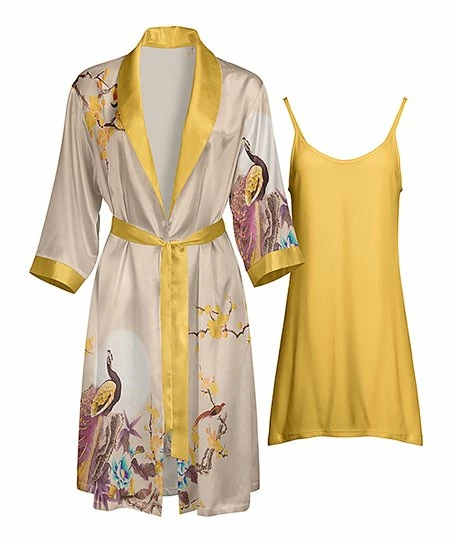 Lily | Yellow & Beige Birds Satin Robe & Yellow Camisole - Women 1 Lily | Yellow & Beige Birds Satin Robe & Yellow Camisole - Women