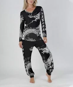 Lily | Black & White Dragon V-Neck Top & Harem Pants - Plus