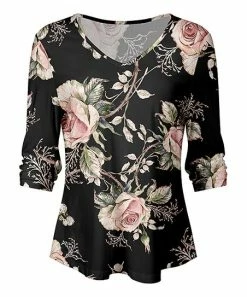Lily | Black & Rose Floral V-Neck Top - Women