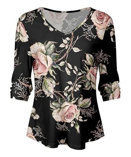 Lily | Black & Rose Floral V-Neck Top - Women 1 Lily | Black & Rose Floral V-Neck Top - Women