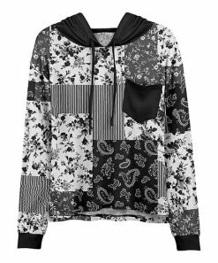 Lily | White & Gray Floral Stripe Patchwork Patch Pocket Hoodie - Women & Plus